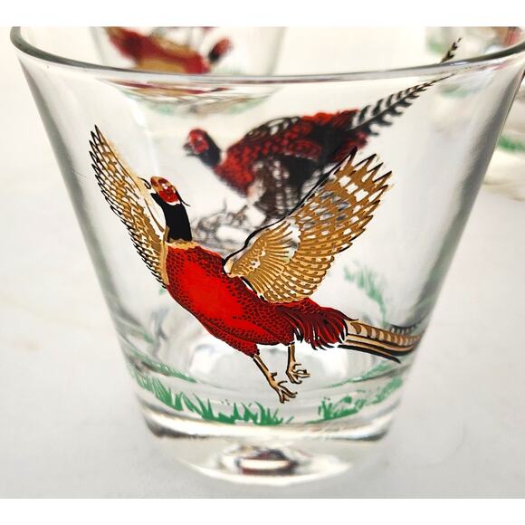 GLASSES/OLD FASHION/Vintage Pheasant-MCM-Hunting Barware-Red Gold-Set of 4 - Picture 9 of 14
